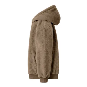 Winter warm coral fleece hooded sweatshirt men side view detail fuzzy pullover jacket top