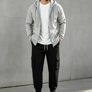 Men's casual tracksuit set featuring a grey zip hoodie, white t-shirt, and black cargo pants.
