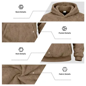 Detailed view of men winter coral fleece hooded sweatshirt featuring soft pocket and hem.