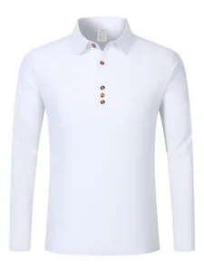 Close-up details of the white long-sleeve polo shirt featuring stylish buttons and a classic collar.