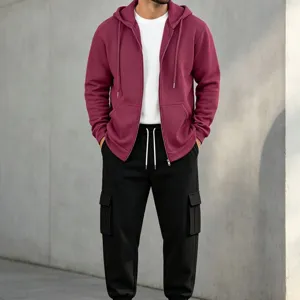 Men's autumn winter zip-up hoodie and cargo sweatpants tracksuit set casual sportswear