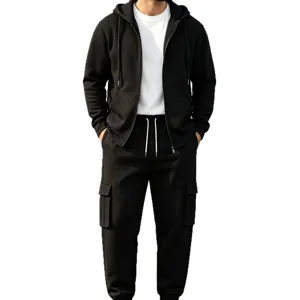 Men's Fleece Lined Zip Hoodie and Cargo Sweatpants Tracksuit Set Casual Sportswear