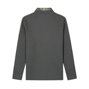 Back view detail of men's dark grey long-sleeve waffle knit polo shirt with camo collar.