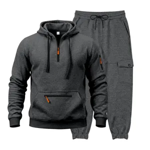 Men's Winter Fleece Lined Tracksuit Hoodie and Cargo Pants Set Dark Grey Casual Sportswear