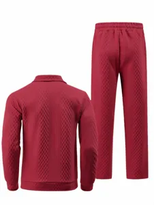 Detailed view of the textured jacquard fabric back of the men's casual polo tracksuit set.