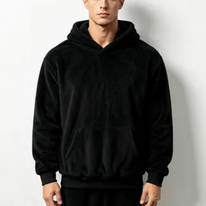 Men's winter thick fleece hooded sweatshirt black casual cozy warm pullover top streetwear