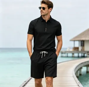 Detailed view of men's summer casual linen polo shirt and shorts set in black color.