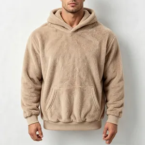 Men's plush fleece hooded sweatshirt, cozy winter casual pullover with front pocket.