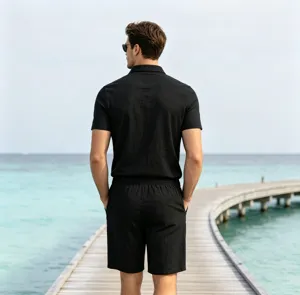 Men casual summer linen short sleeve polo shirt and shorts two piece set black outfit