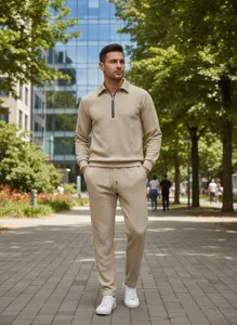 Men's textured knit polo sweatshirt and sweatpants tracksuit set casual autumn outfit.
