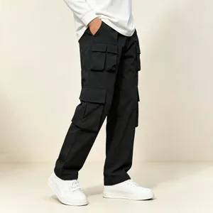Herren schwarze Multi-Taschen Cargo Hose lässige weite Outdoor Hosen Detailansicht.