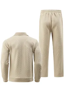 Men's casual jacquard polo sweatshirt and straight trousers set in beige, spring autumn.