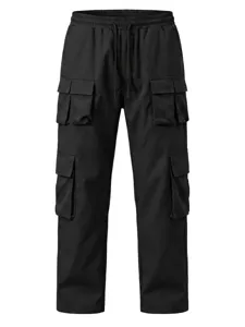 Herren schwarze Cargohose Freizeithose lockere weite Beine mit vielen Taschen und Kordelzug.