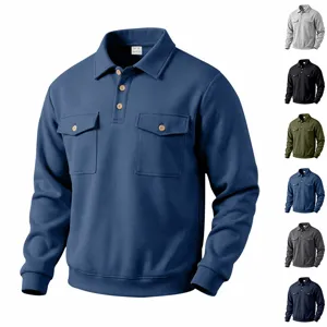 Sudadera polo casual de manga larga para hombre con bolsillos estilo vintage.