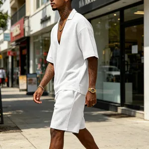 Men summer casual waffle V-neck short sleeve T-shirt and shorts two-piece set white