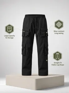 Herren Schwarze Cargohose Mehrere Taschen Freizeithose Gerade Beine Streetwear 2026