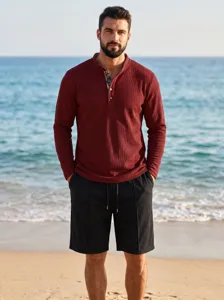 Men's waffle knit long sleeve henley shirt and shorts set casual beach outfit autumn wear