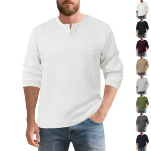 Long sleeve waffle henley shirt detail, casual textured pullover with button placket for men.