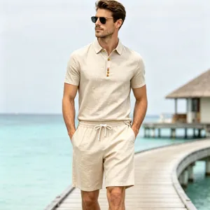 Men Casual Cotton Blend Linen Polo Shirt And Shorts Two Piece Set Summer Short Sleeve Top And Bottom Beachwear Suit