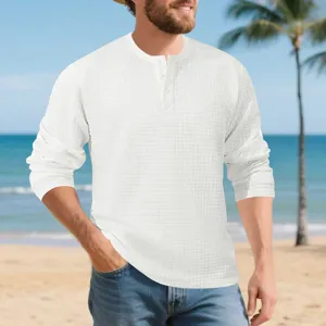 Men's long sleeve waffle knit henley shirt casual vintage textured pullover top for daily wear.