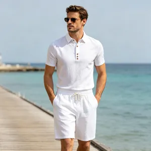 Men summer linen loose lapel short sleeve polo and shorts set casual beach white outfit