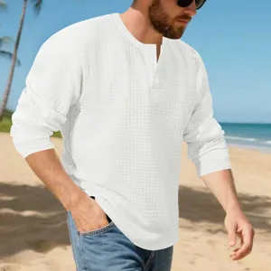 Men's casual long sleeve waffle knit Henley t-shirt in white, vintage loose fit top detail.