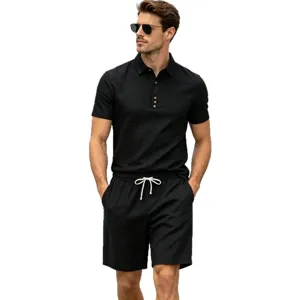 Men summer linen loose lapel short sleeve polo shirt and shorts two piece set casual wear
