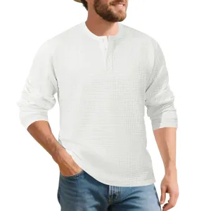 Men's White Long Sleeve Waffle Henley T-Shirt Casual Jacquard Textured Pullover Top