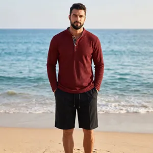 Men Waffle Knit Long Sleeve Polo Shirt And Shorts Casual Stand Collar Patchwork Outfit Top And Bottom