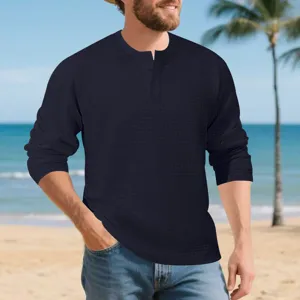 Mens long sleeve waffle knit Henley shirt casual vintage basic top with buttons for autumn winter