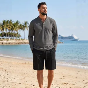 Men waffle long sleeve polo shirt and shorts set casual beach outfit autumn daily wear