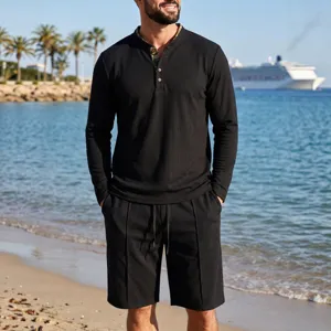 Men waffle knit long sleeve henley shirt and matching shorts two piece set for casual wear.