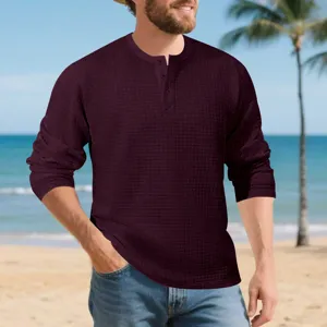 Men's long sleeve waffle knit Henley shirt casual retro button collar tee top for autumn.