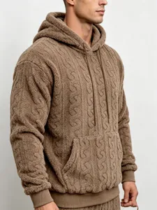 Men's brown cable-knit fleece hoodie streetwear casual cozy autumn winter teddy pullover.