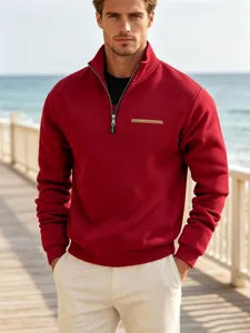 Men's red fleece lined quarter zip sweatshirt detail, outdoor warm stand collar top.