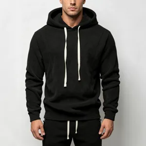 Men's casual black fleece hoodie warm long sleeve sweatshirt with thick drawstrings main view.