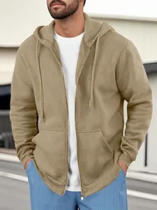 Felpa con cappuccio kaki da uomo con zip, tasca a marsupio e coulisse per la stagione autunnale.