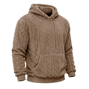 Men's brown teddy fleece hoodie featuring cable knit texture, cozy drawstring and front pocket.