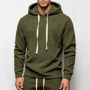 Men's casual fleece warm long-sleeve hoodie in solid olive green with drawstring hood.