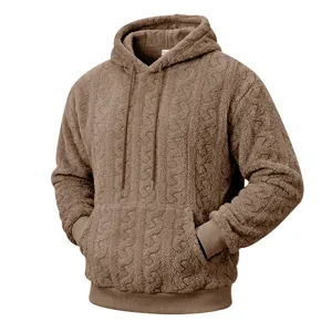 Brown teddy fleece hoodie detail, cozy sherpa fabric with subtle jacquard pattern.