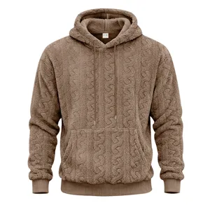 Detailed view of brown men's hooded jacquard teddy fleece sweatshirt texture and drawstring.