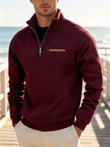Men's casual quarter-zip fleece sweatshirt in burgundy, featuring a stand collar and stylish outdoor design.