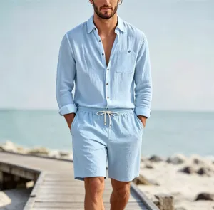 Men solid color lapel cardigan linen loose casual long sleeve set detail view outdoor style