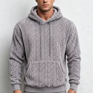 Men's Winter Casual Fleece Hoodie Solid Color Jacquard Cable Knit Long Sleeve Pullover Sweatshirt Loose Fit Hooded Top