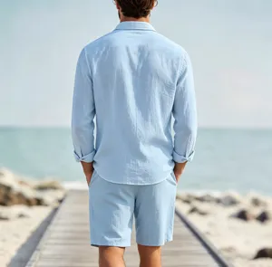 Men's light blue linen long sleeve shirt and shorts set, casual beachwear detail view.