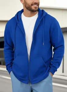 Vista dettagliata della felpa con cappuccio blu royal con zip integrale e coulisse regolabile.