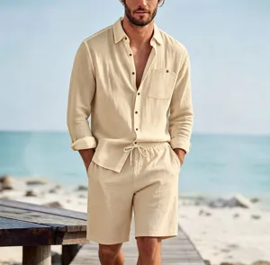 Men's casual linen long sleeve shirt and shorts set in solid beige for beach resort wear.