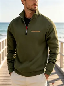 Men quarter-zip fleece sweatshirt in olive green with stand collar for outdoor sports.