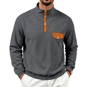 Sudadera Henley informal de cuello alto con contraste para hombre con bolsillo otoño.