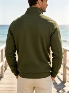 Detailed back view of men's stylish olive green fleece half-zip stand collar sweatshirt.